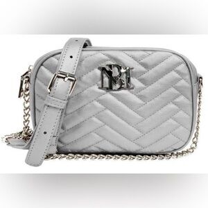 New Badgley Mischka Metallic Grey Quilted Camera Crossbody Bag